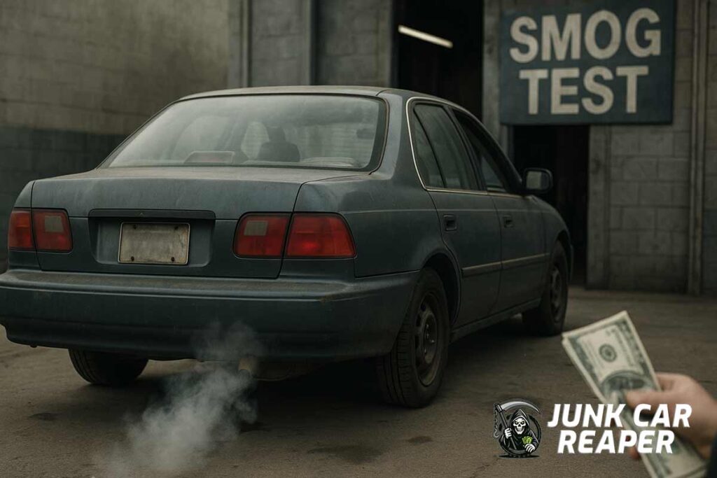 sedan failing smog test with exhaust smoke at emissions inspection garage