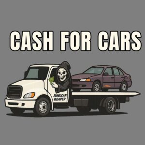 Junk Car Reaper driving a tow truck with a car on the back that he paid cash for