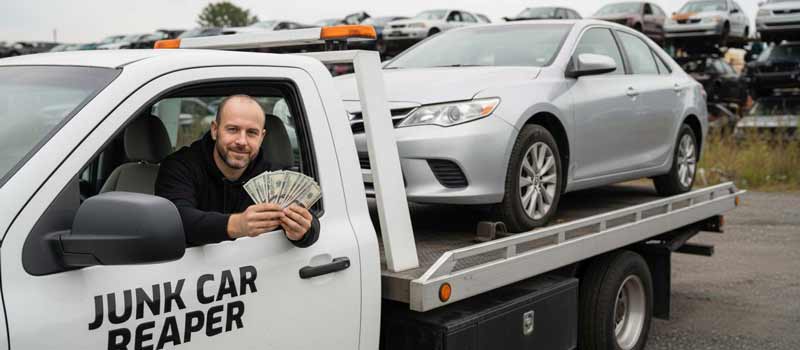 Junk Car Reaper driver holding cash out the window while towing a vehicle in Laredo