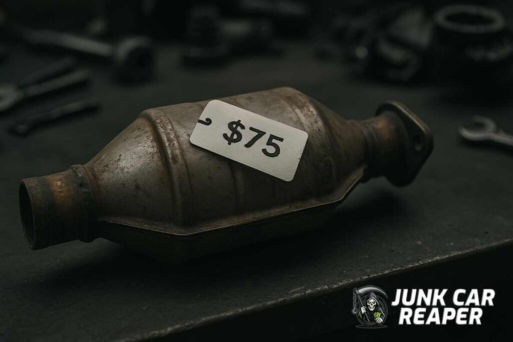 used catalytic converter with price tag on scrap yard bench surrounded by auto tools and parts