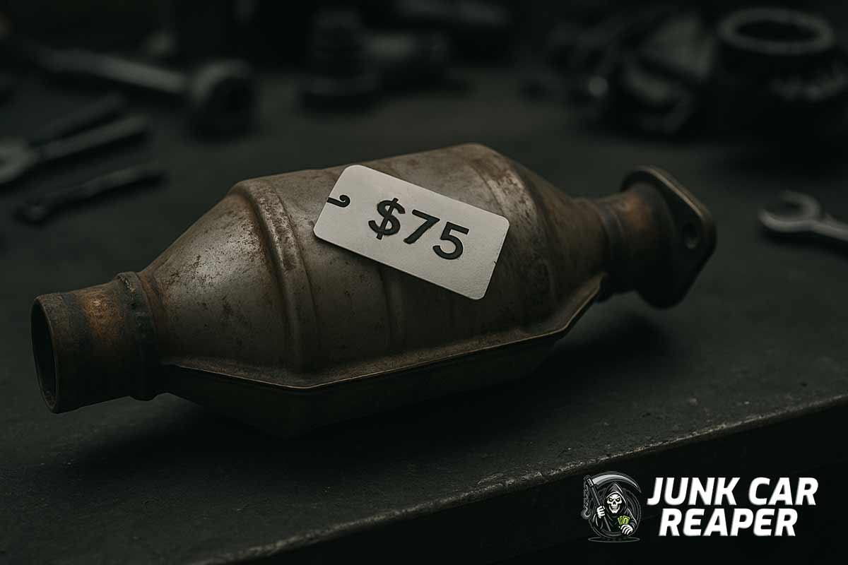 used catalytic converter with price tag on scrap yard bench surrounded by auto tools and parts