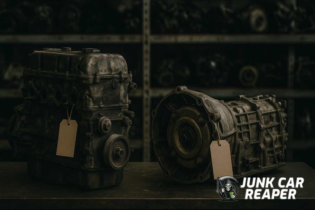 used engine and transmission on salvage yard workbench with visible wear and price tags attached