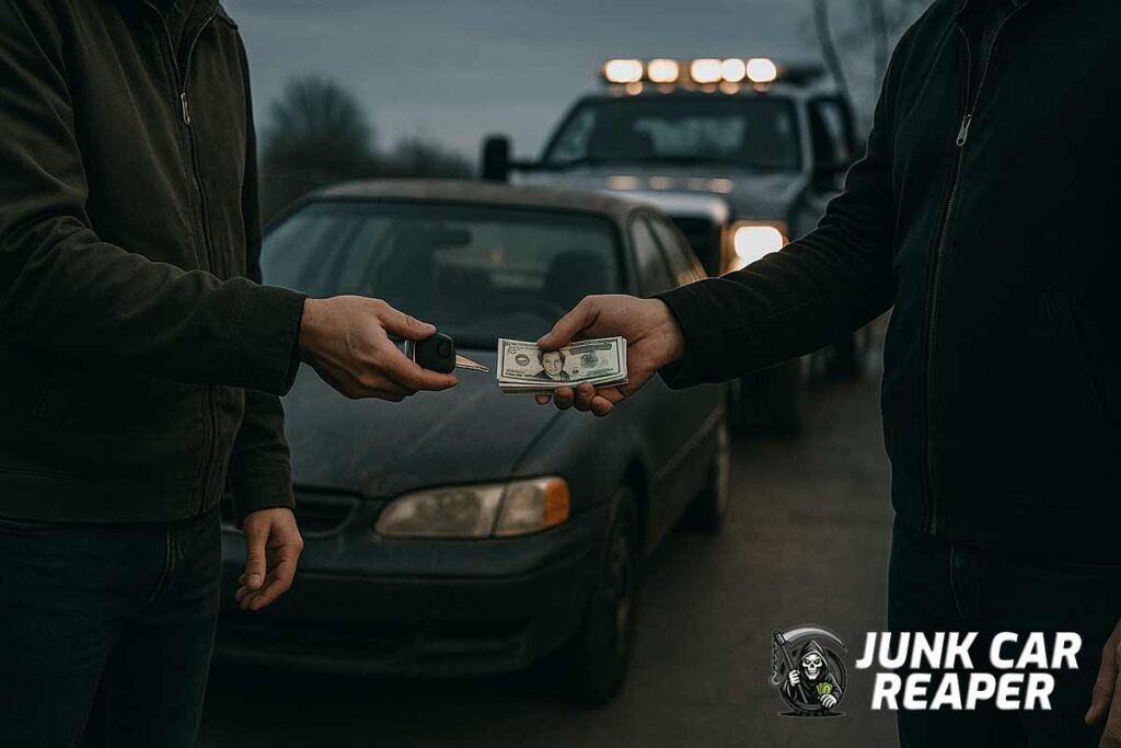 person receiving fast cash for junk car during pickup with tow truck in background