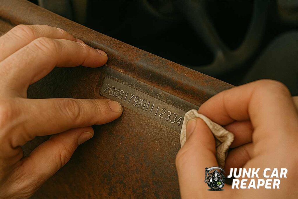 person wiping VIN number near dashboard of junk vehicle