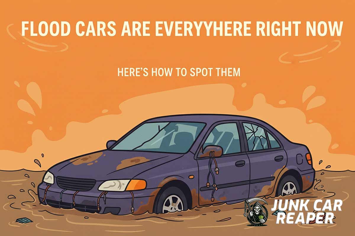 used car with hidden flood damage visible under dashboard and on seat rails in a pool of water