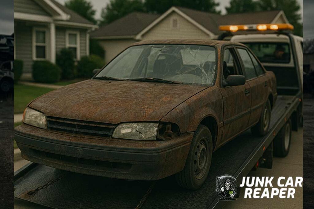 tow truck hauling away old car from residential driveway