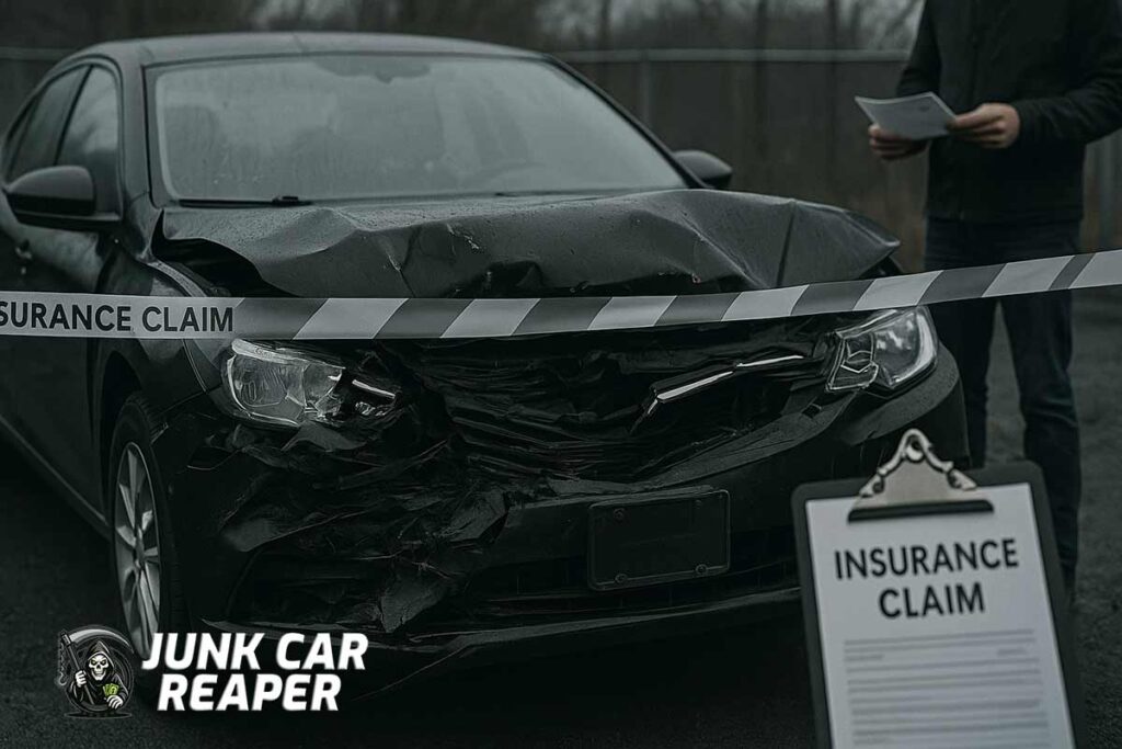 wrecked car with front-end damage and insurance adjuster holding claim paperwork or check nearby