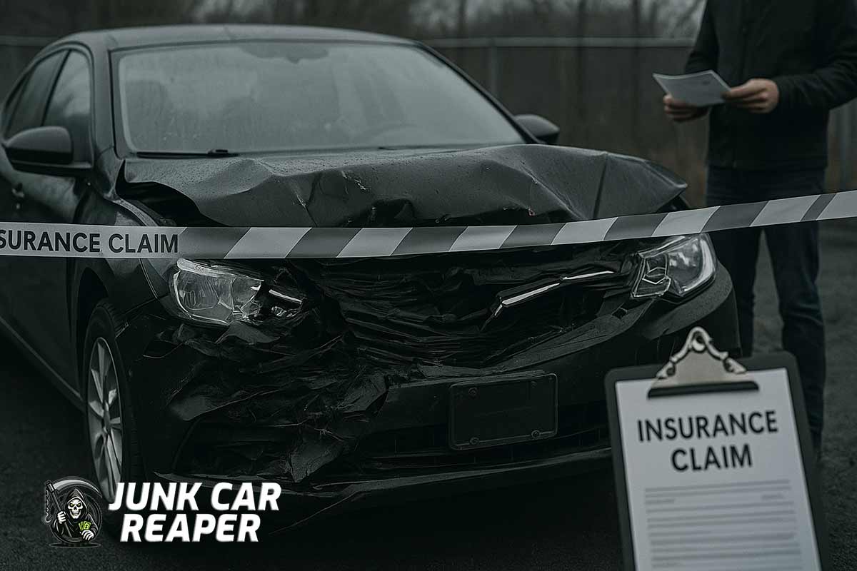 wrecked car with front-end damage and insurance adjuster holding claim paperwork or check nearby