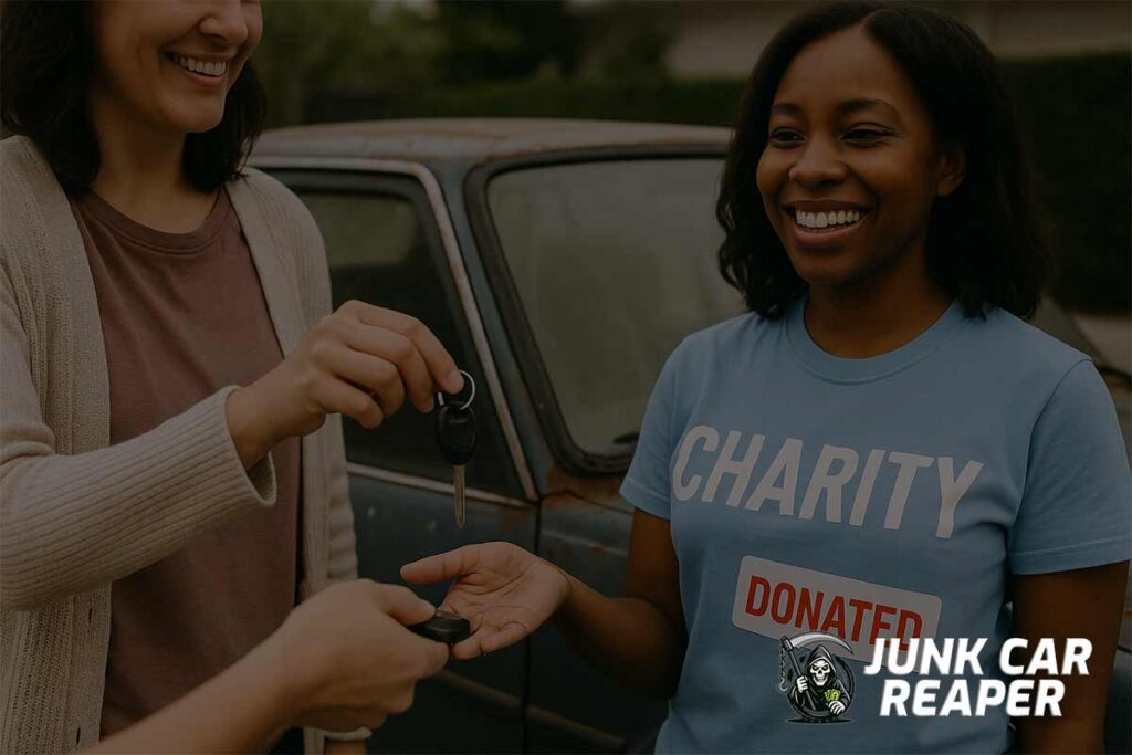 person handing over junk car keys to charity with donation sticker on car