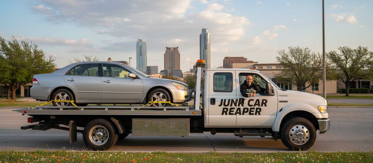 Junk Car Reaper driver holding cash out the window while towing a vehicle in Austin