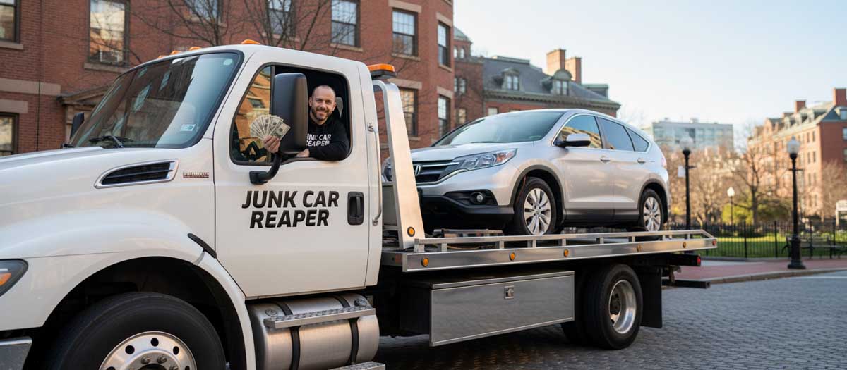 Junk Car Reaper driver holding cash out the window while towing a vehicle in Boston