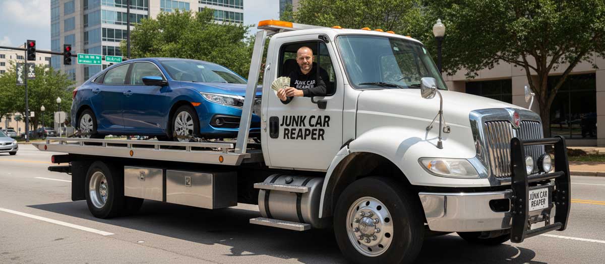 Junk Car Reaper driver holding cash out the window while towing a vehicle in Charlotte