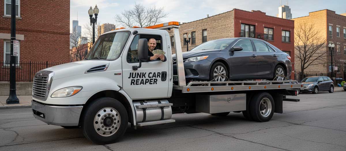 Junk Car Reaper driver holding cash out the window while towing a vehicle in Chicago