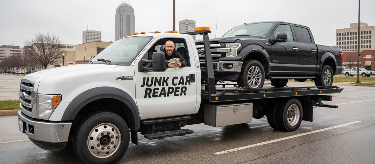 Junk Car Reaper driver holding cash out the window while towing a vehicle in Columbus