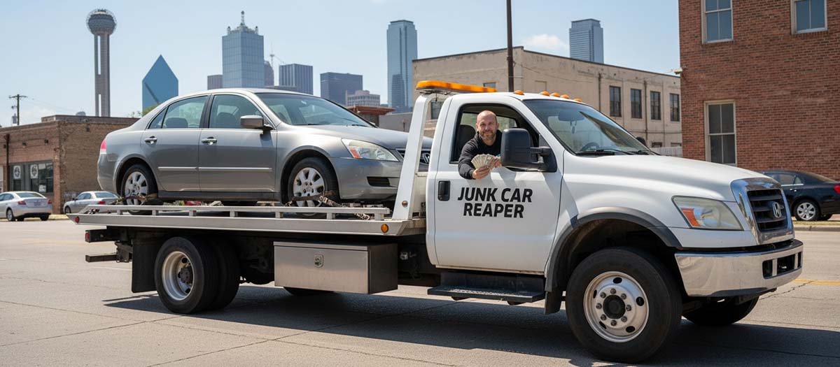 Junk Car Reaper driver holding cash out the window while towing a vehicle in Dallas