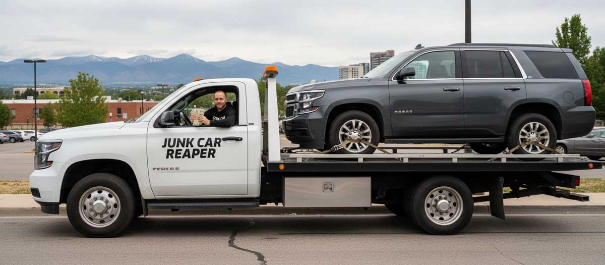 Junk Car Reaper driver holding cash out the window while towing a vehicle in Denver