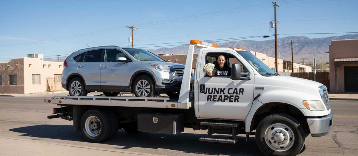Junk Car Reaper driver holding cash out the window while towing a vehicle in El Paso