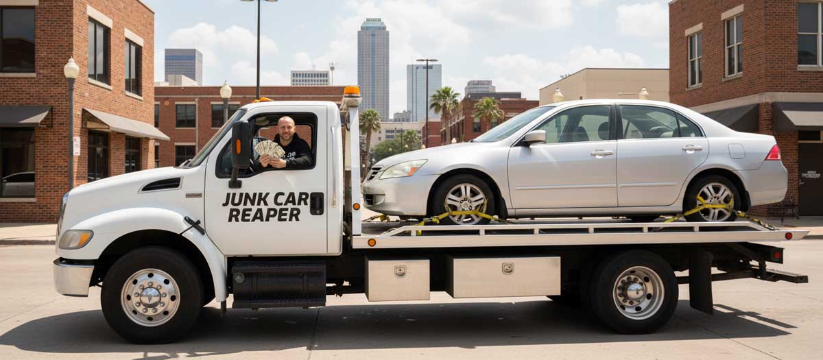 Junk Car Reaper driver holding cash out the window while towing a vehicle in Fort Worth