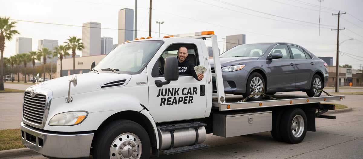 Junk Car Reaper driver holding cash out the window while towing a vehicle in Houston