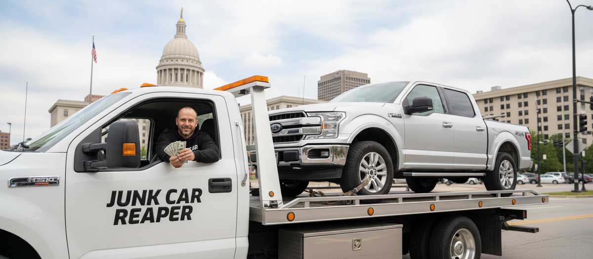 Junk Car Reaper driver holding cash out the window while towing a vehicle in Indianapolis