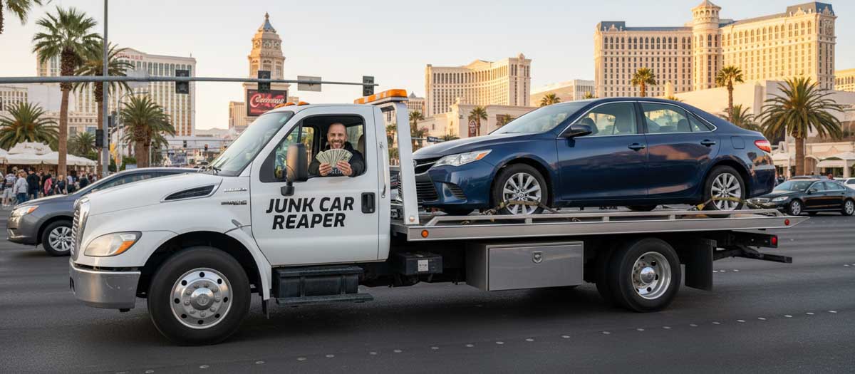 Junk Car Reaper driver holding cash out the window while towing a vehicle in Las Vegas