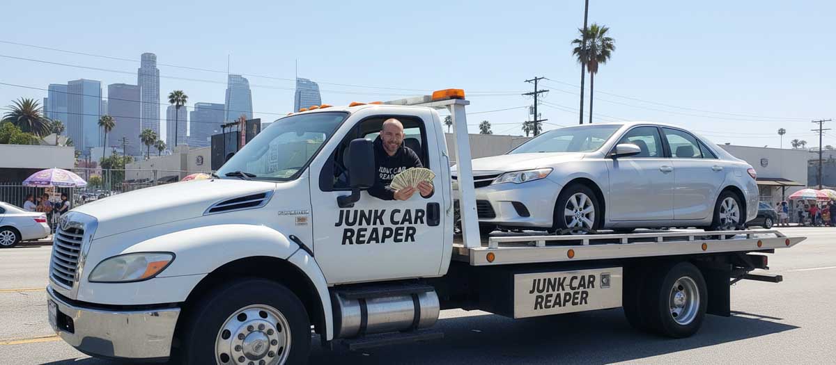 Junk Car Reaper driver holding cash out the window while towing a vehicle in Los Angeles