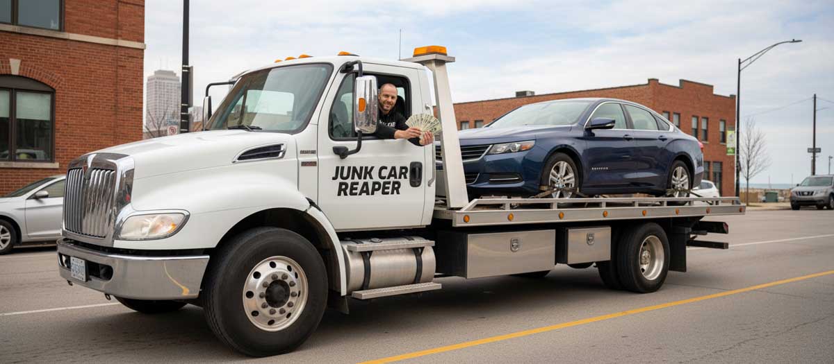Junk Car Reaper driver holding cash out the window while towing a vehicle in Milwaukee