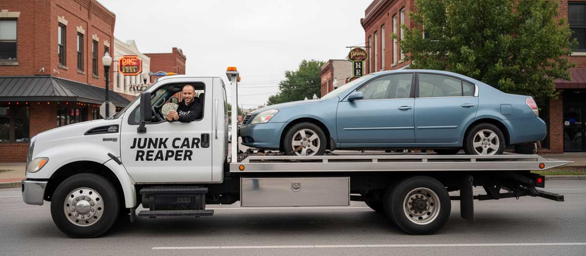 Junk Car Reaper driver holding cash out the window while towing a vehicle in Nashville
