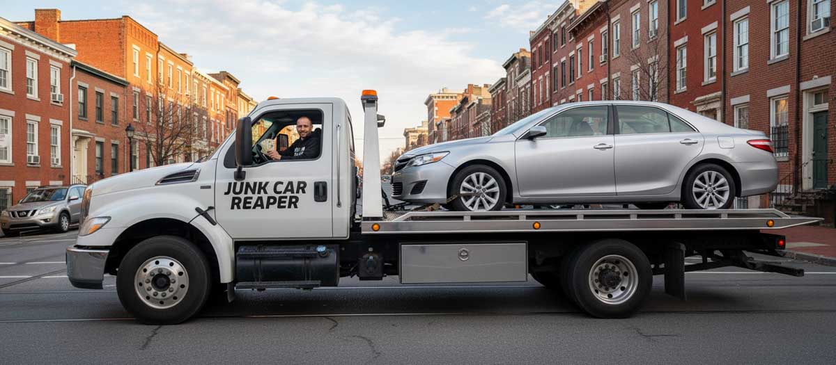 Junk Car Reaper driver holding cash out the window while towing a vehicle in Philadelphia