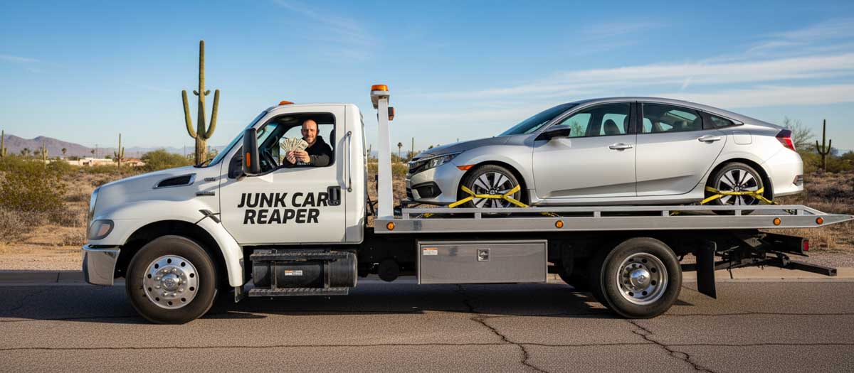 Junk Car Reaper driver holding cash out the window while towing a vehicle in Phoenix