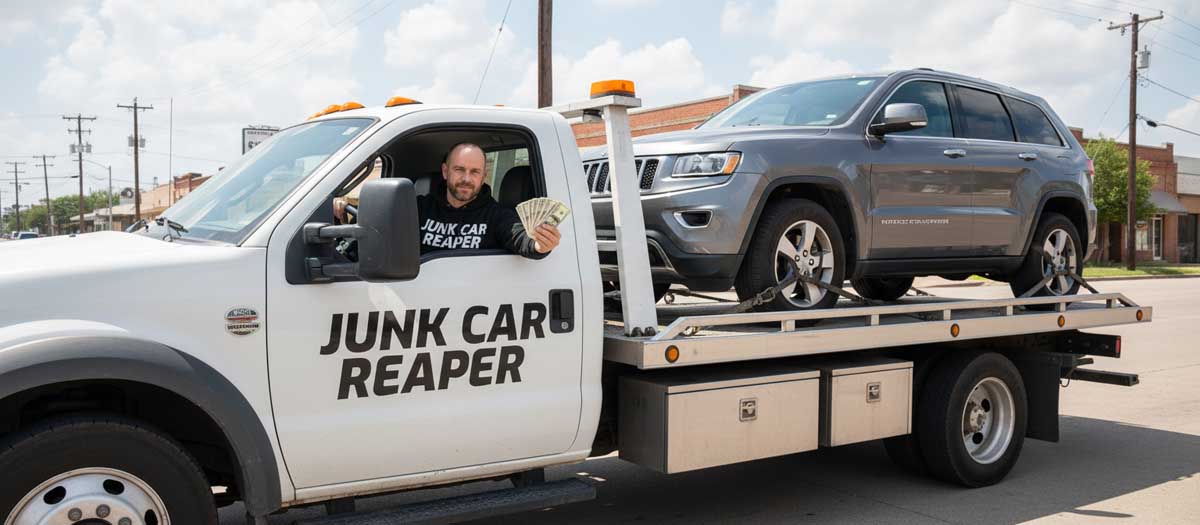 Junk Car Reaper driver holding cash out the window while towing a vehicle in San Francisco