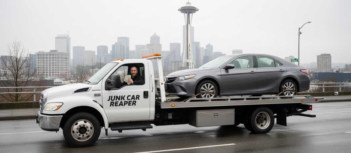 Junk Car Reaper driver holding cash out the window while towing a vehicle in Seattle