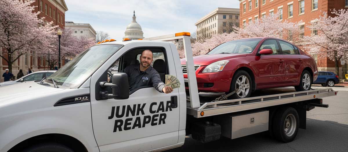 Junk Car Reaper driver holding cash out the window while towing a vehicle in Washington, D.C.