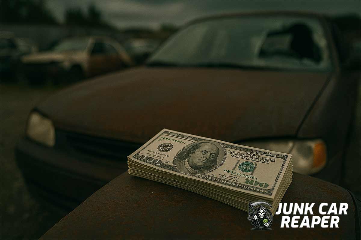 stack of cash resting on junk car hood near salvage yard