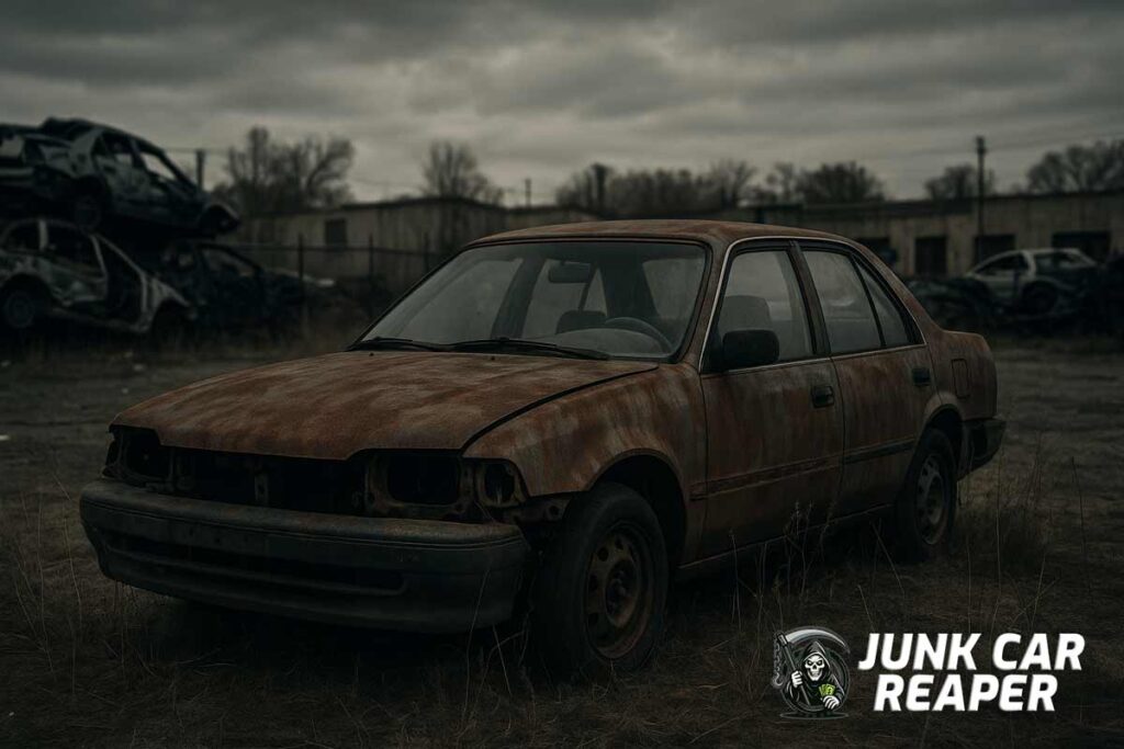 junk car with rust and missing parts near auto salvage yard
