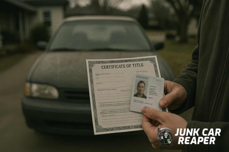 junk car parked in driveway with person holding title and ID but no registration paper