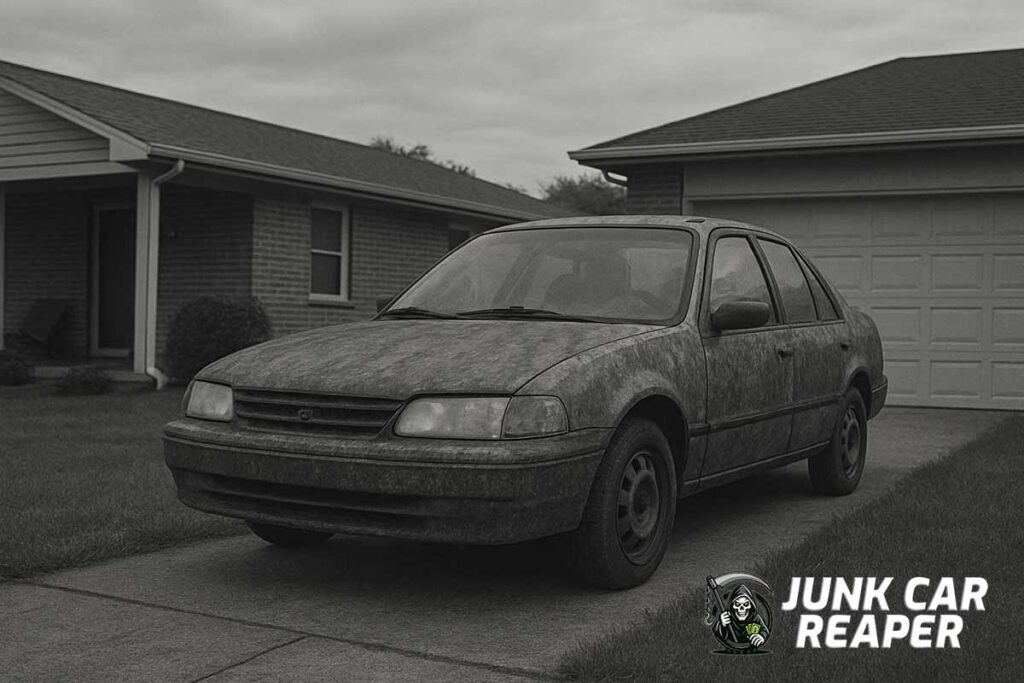 junk car sitting in driveway waiting to be junked