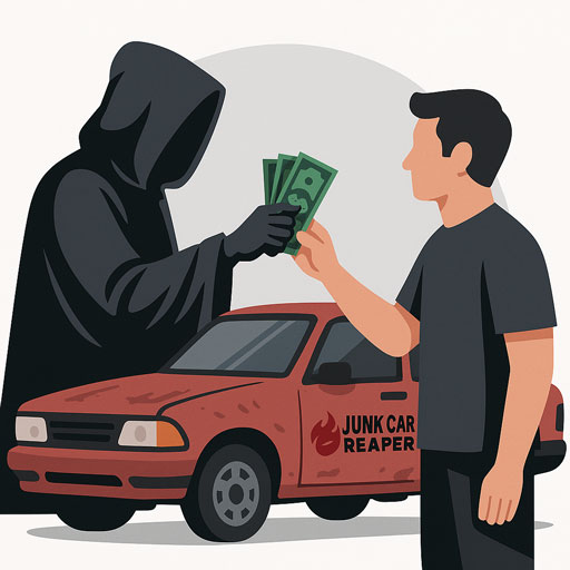 junk-car-reaper-paying-cash-for-car illustration of Junk Car Reaper paying cash for a car