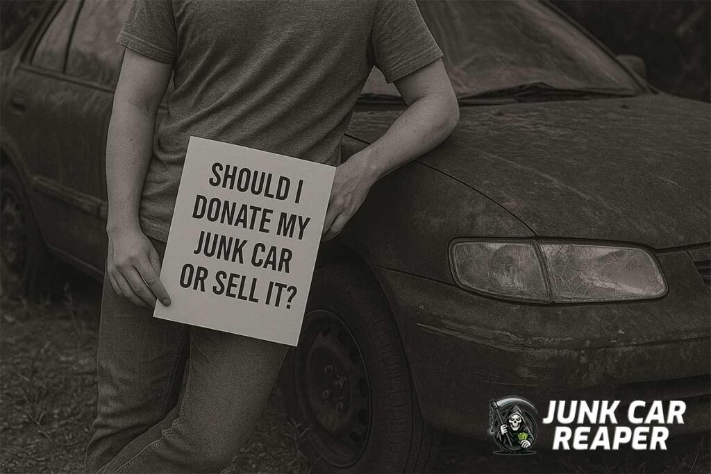 car owner holding a sign asking if he should donate or sell a junk car