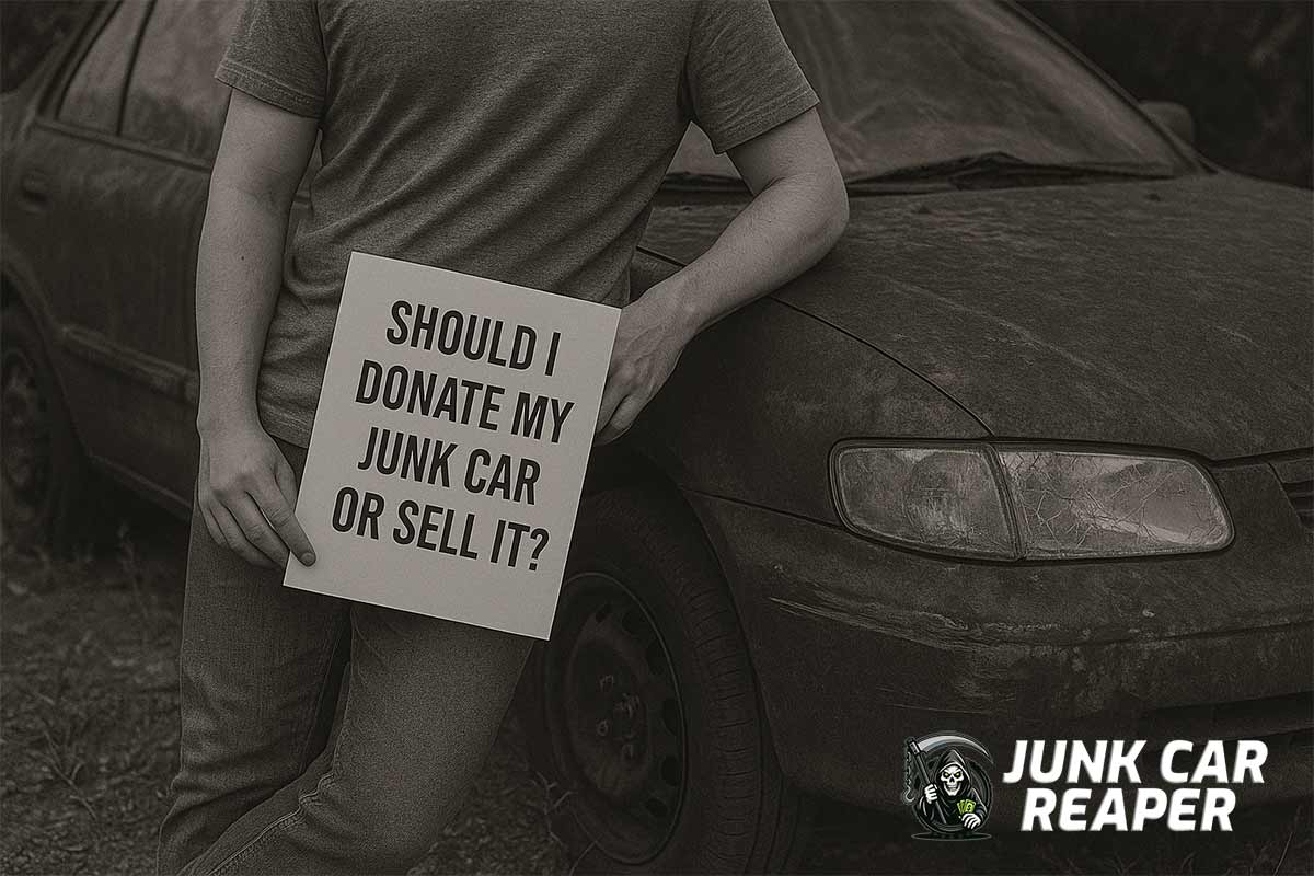 car owner holding a sign asking if he should donate or sell a junk car