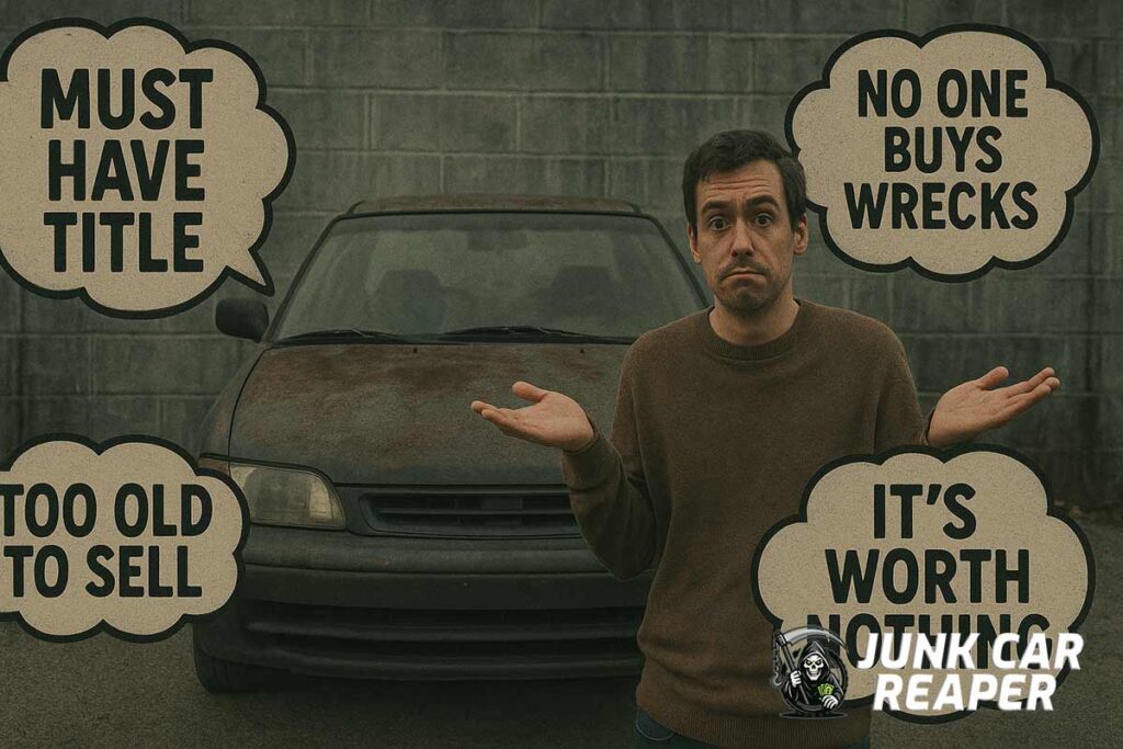 old vehicle with common junk car myths written around it and confused seller standing nearby