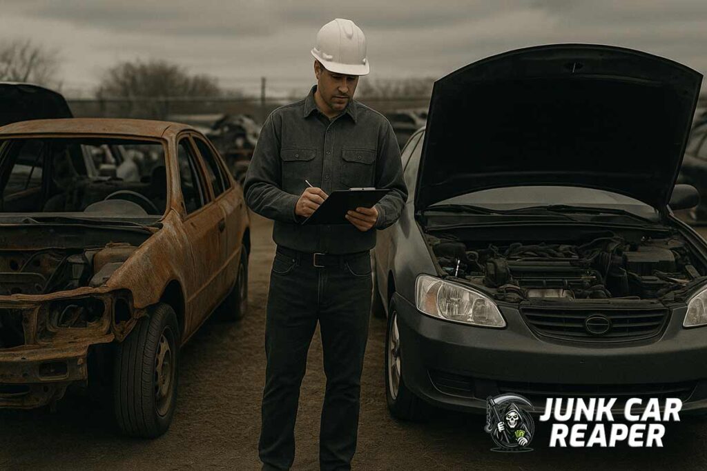 two junk cars side by side with salvage yard worker assessing value based on condition and parts