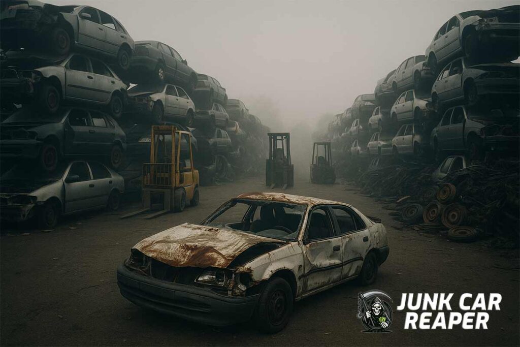 stacked junk cars in large salvage yard with forklift and foggy backdrop