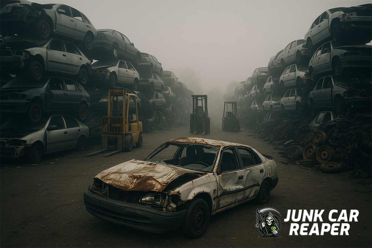stacked junk cars in large salvage yard with forklift and foggy backdrop