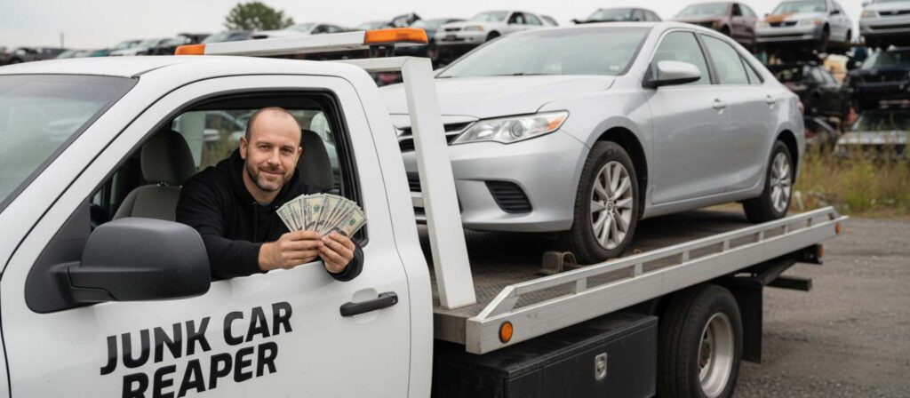 Ruston Graves in Junk Car Reaper tow truck holding cash and towing a vehicle