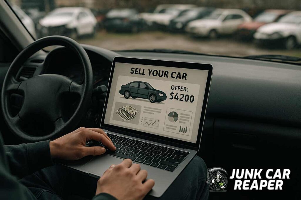 person using laptop to sell car online with junkyard faintly in background and used vehicle centered