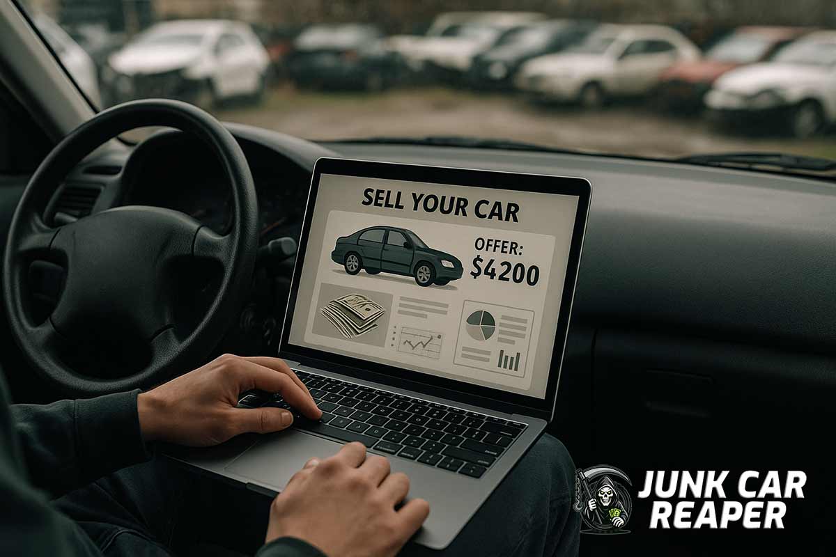 person using laptop to sell car online with junkyard faintly in background and used vehicle centered