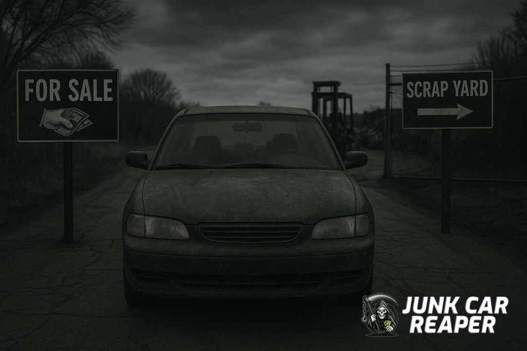 junk car at crossroads between selling for cash and scrapping at salvage yard with directional signs in background
