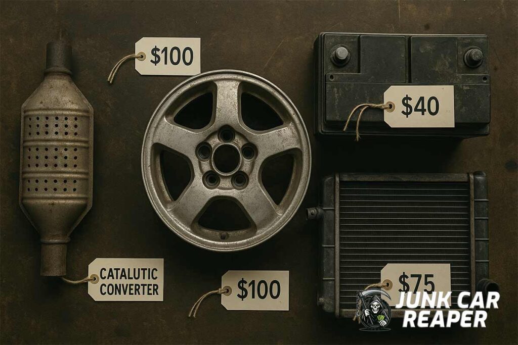 atalytic converter wheels battery radiator on workbench with pricing tags